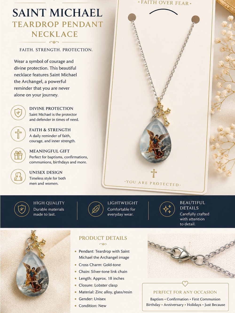 Saint Michael Teardrop Pendant Necklace - Gold & Silver